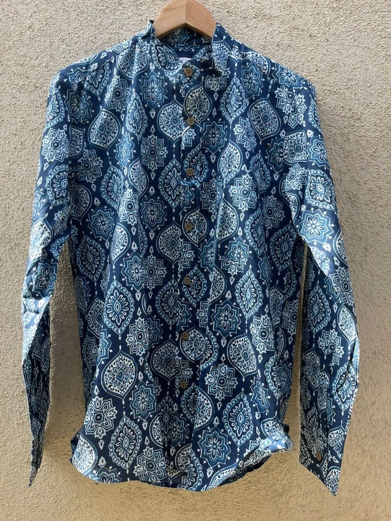 Indigo Print Mandarin Collar Cotton Shirt for Men