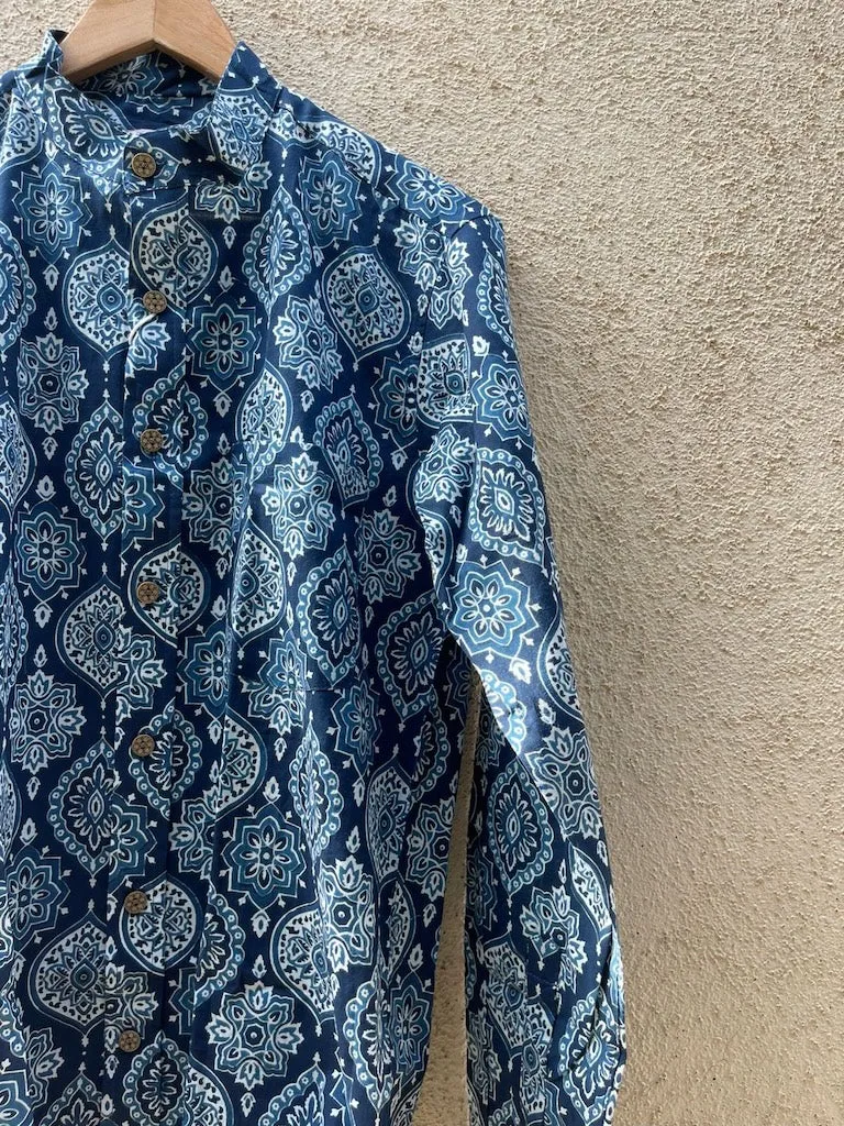 Indigo Print Mandarin Collar Cotton Shirt for Men