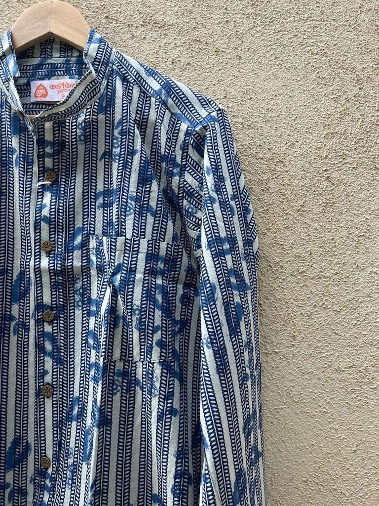Indigo Print Mandarin Collar Cotton Shirt for Men