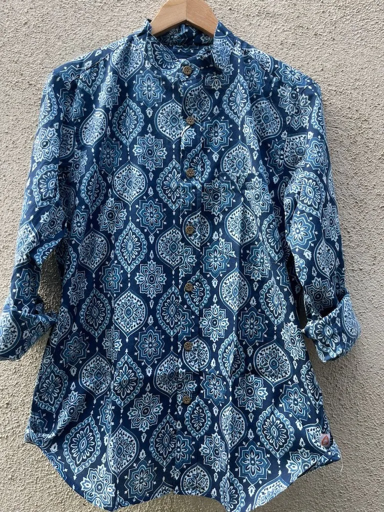 Indigo Print Mandarin Collar Cotton Shirt for Men