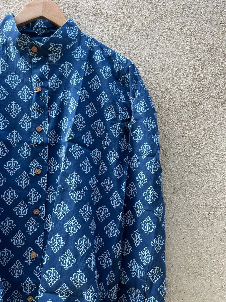 Indigo Print Mandarin Collar Cotton Shirt for Men