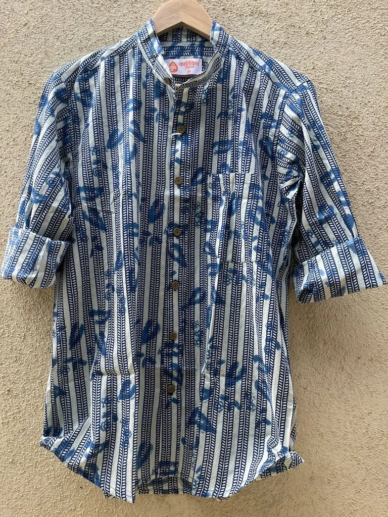 Indigo Print Mandarin Collar Cotton Shirt for Men