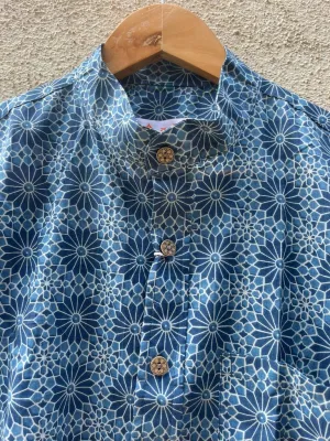 Indigo Print Mandarin Collar Cotton Shirt for Men