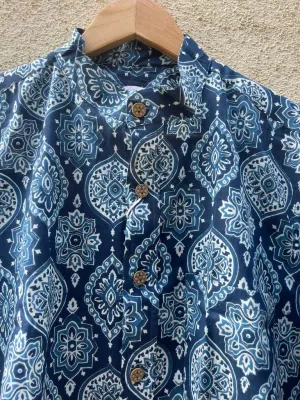 Indigo Print Mandarin Collar Cotton Shirt for Men