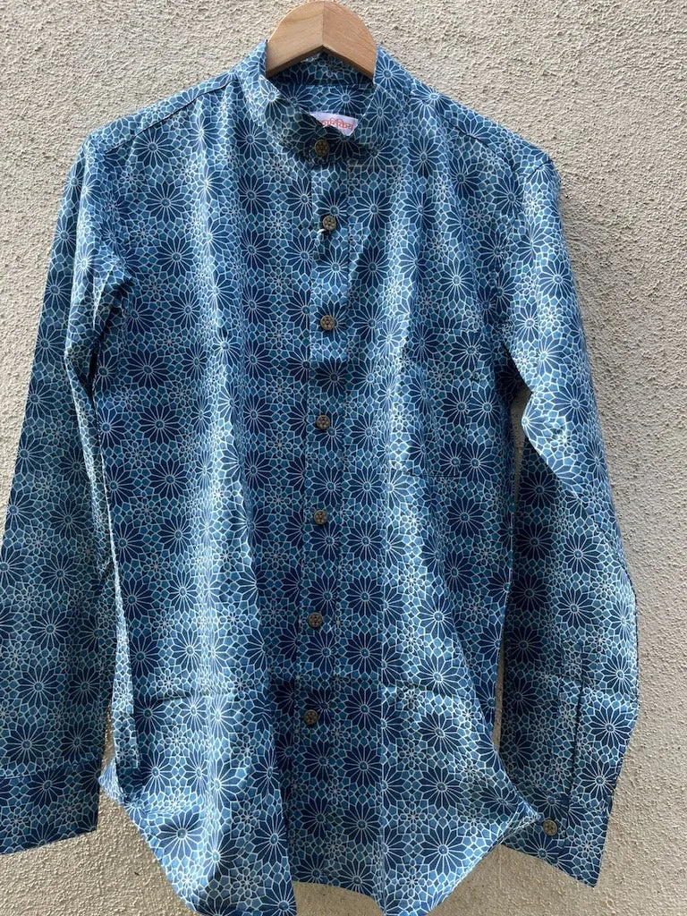 Indigo Print Mandarin Collar Cotton Shirt for Men