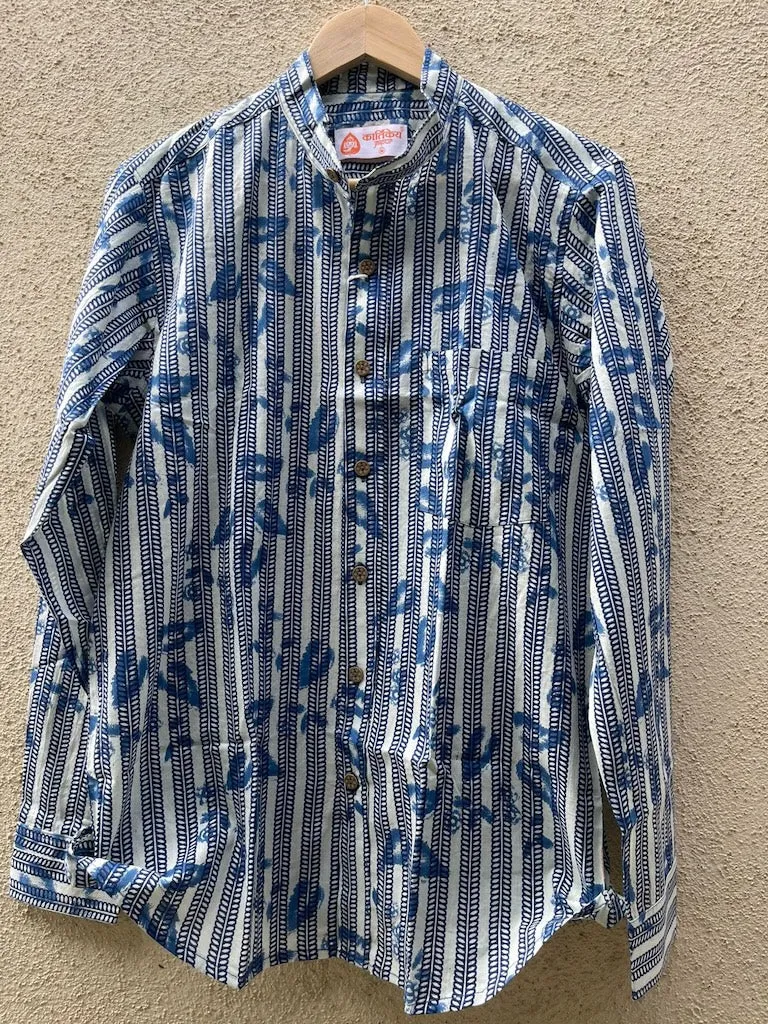 Indigo Print Mandarin Collar Cotton Shirt for Men