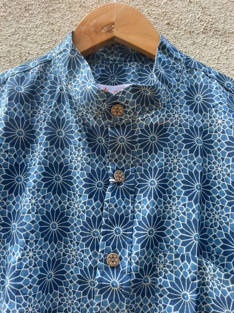 Indigo Print Mandarin Collar Cotton Shirt for Men