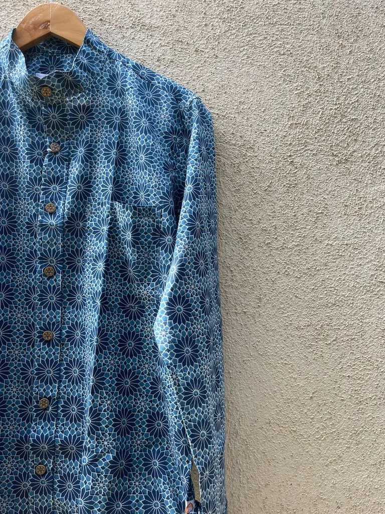 Indigo Print Mandarin Collar Cotton Shirt for Men