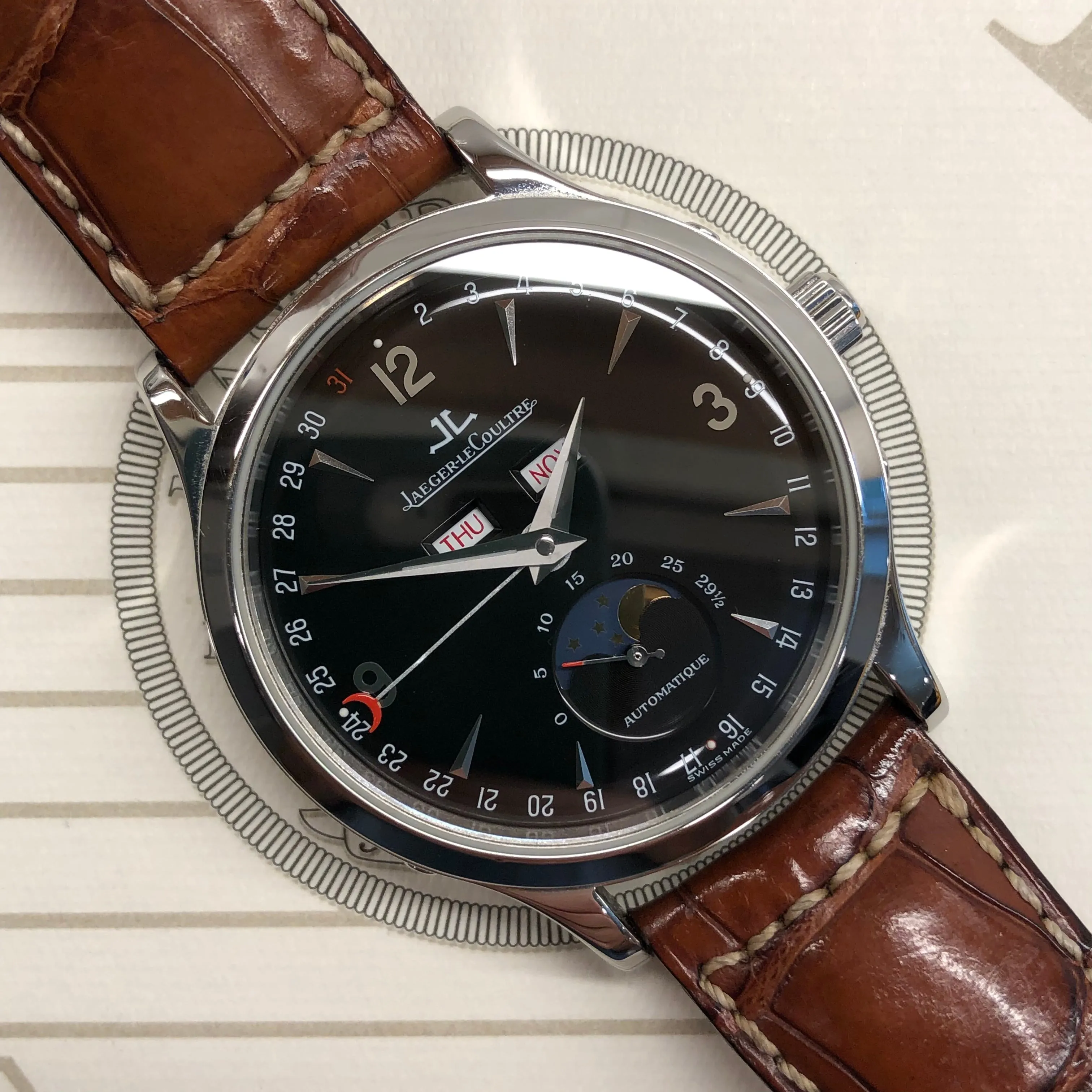 Jaeger LeCoultre Master Moon 140.8.98.S Stainless Steel Black Dial with Box and Papers