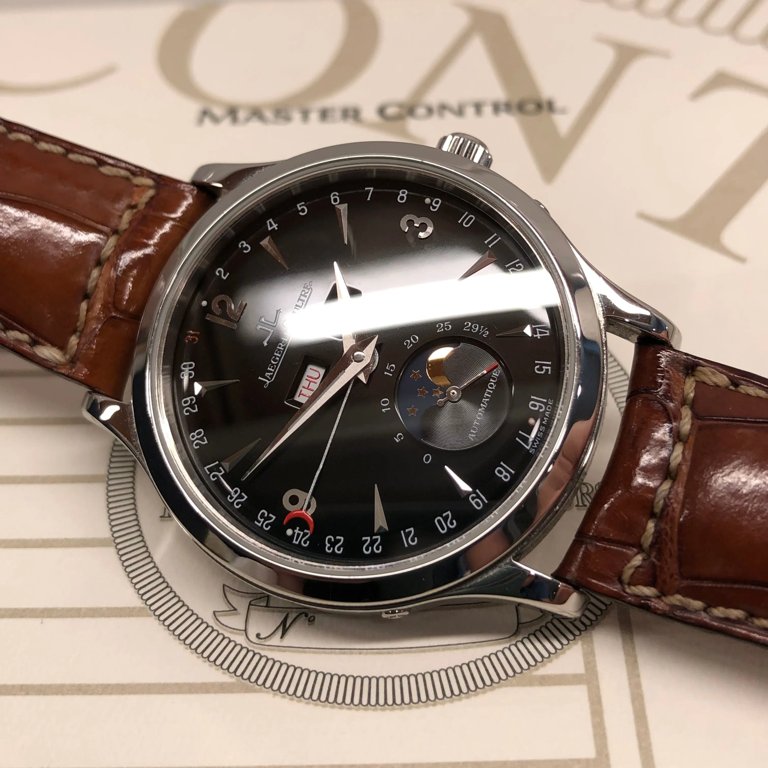Jaeger LeCoultre Master Moon 140.8.98.S Stainless Steel Black Dial with Box and Papers