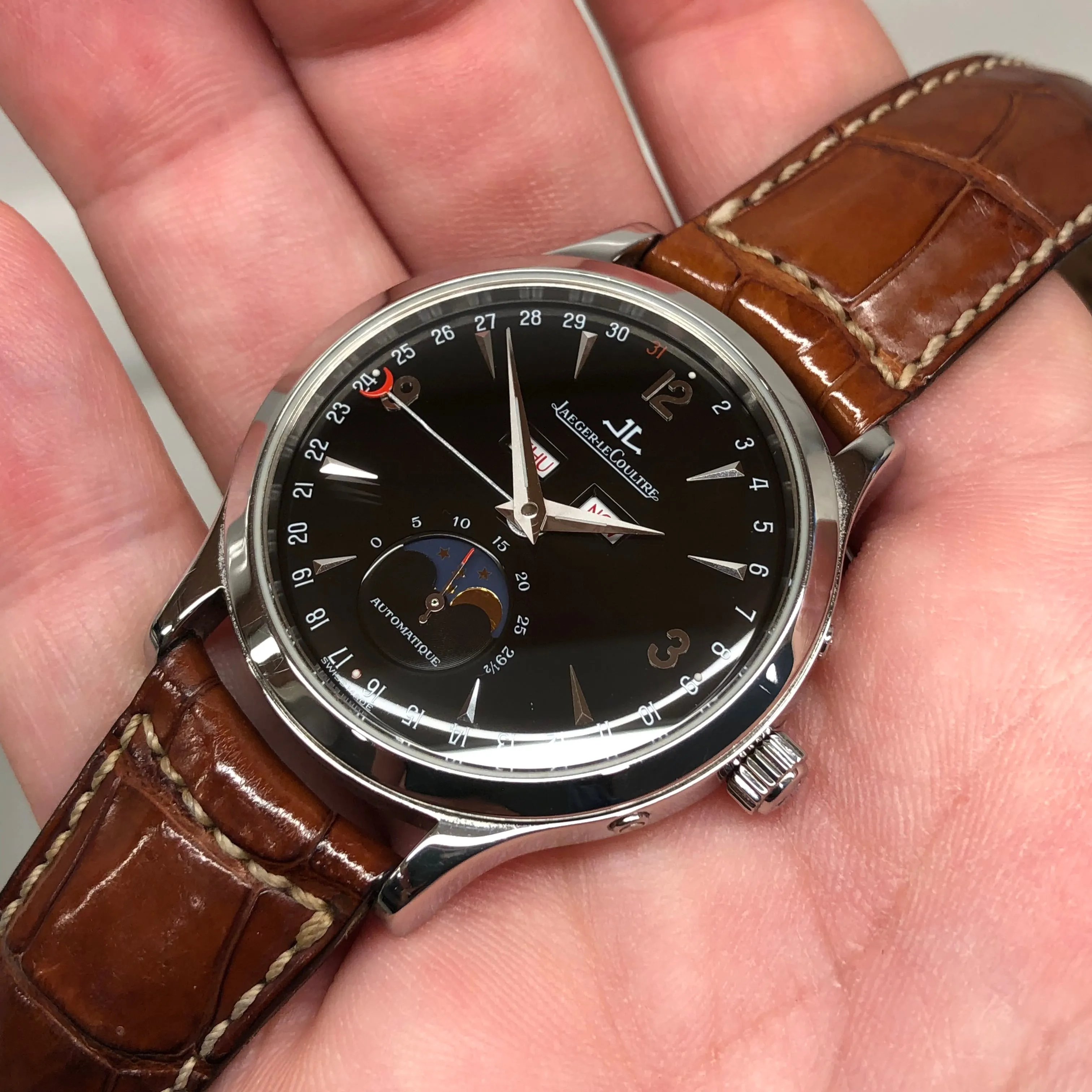 Jaeger LeCoultre Master Moon 140.8.98.S Stainless Steel Black Dial with Box and Papers
