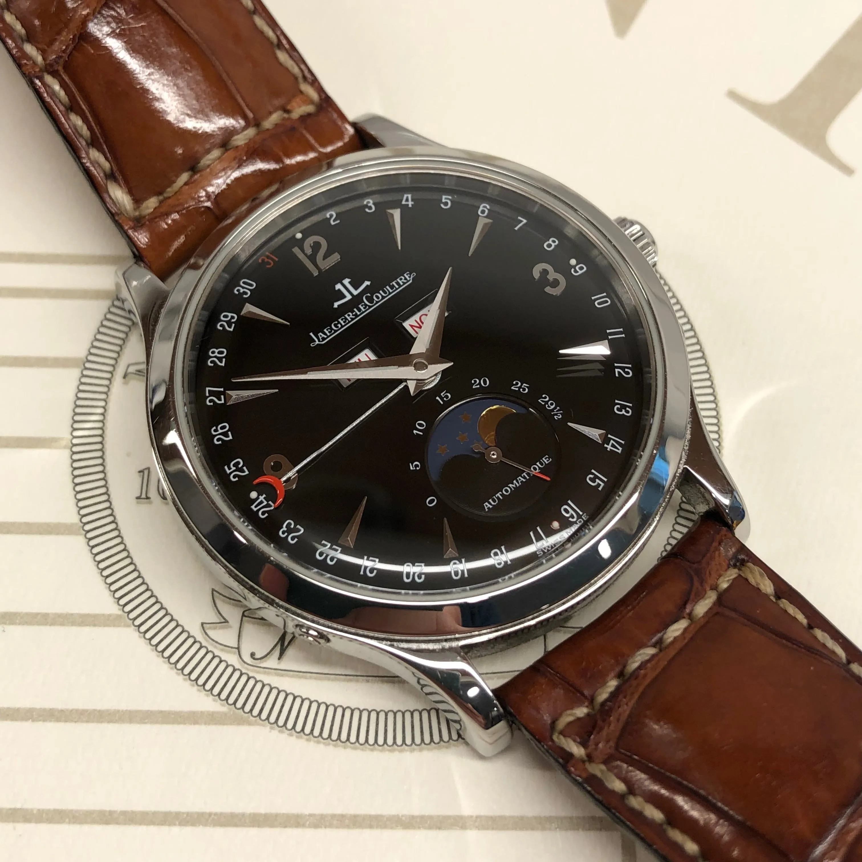 Jaeger LeCoultre Master Moon 140.8.98.S Stainless Steel Black Dial with Box and Papers