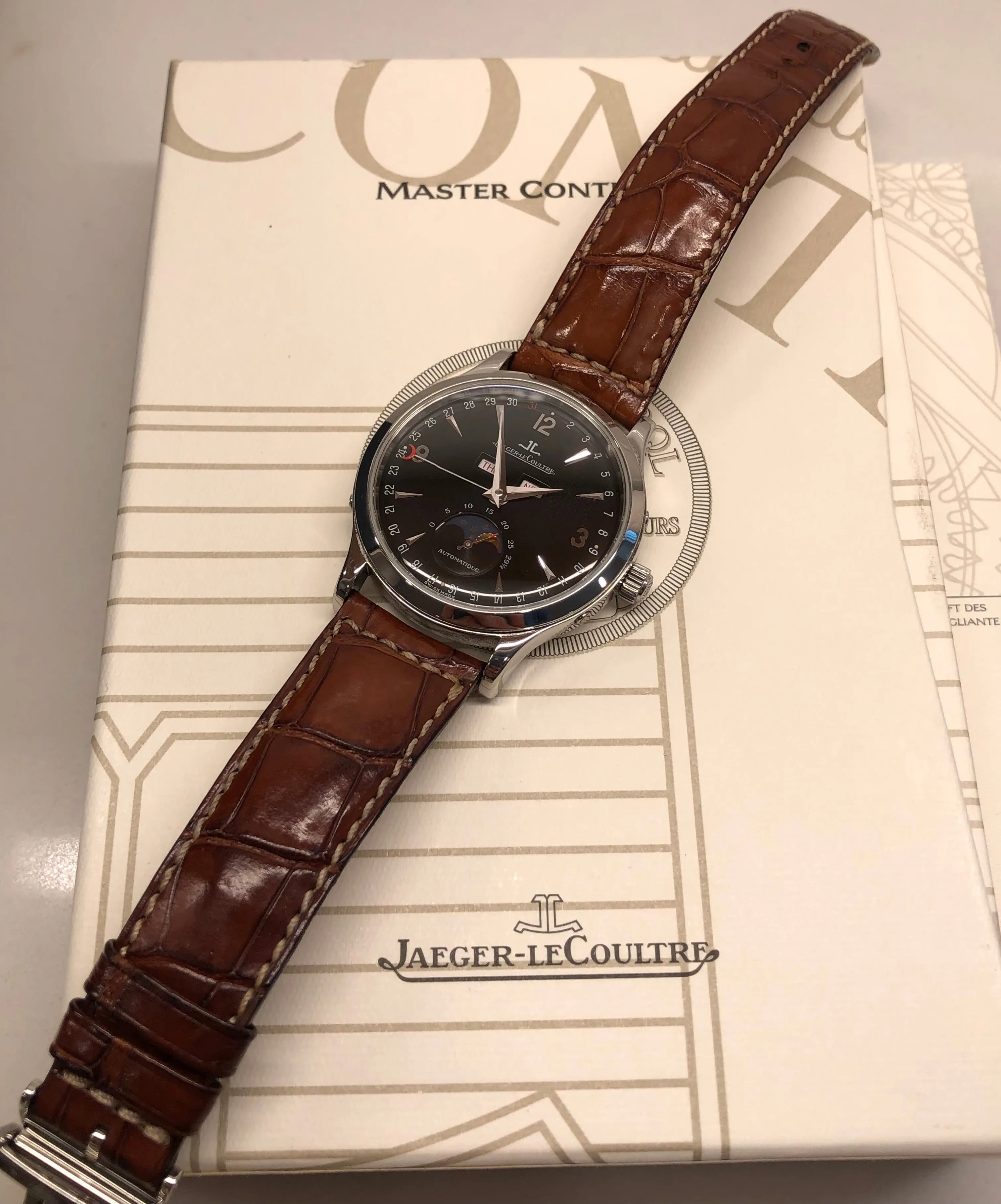 Jaeger LeCoultre Master Moon 140.8.98.S Stainless Steel Black Dial with Box and Papers
