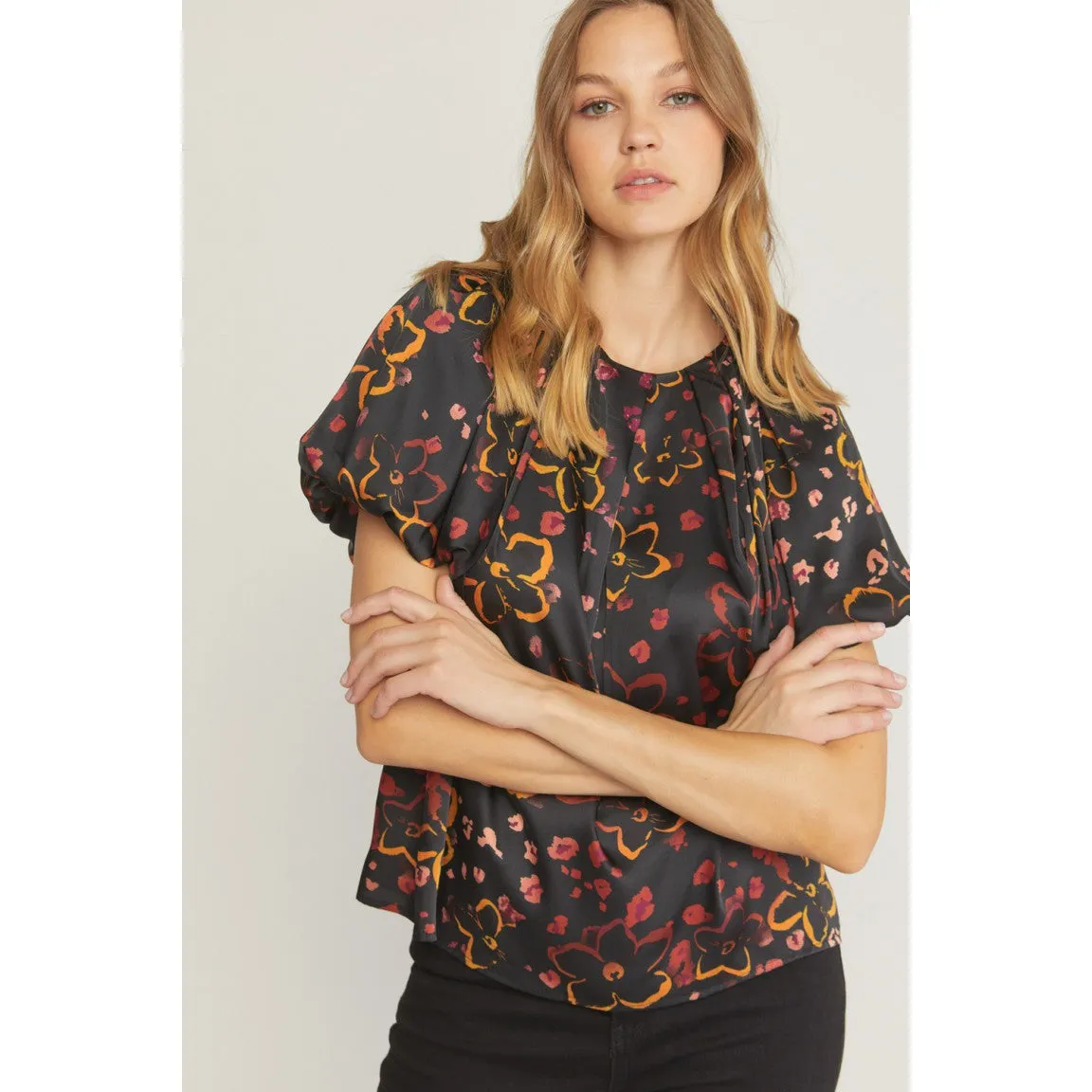 Just A Modern Floral Top in Black
