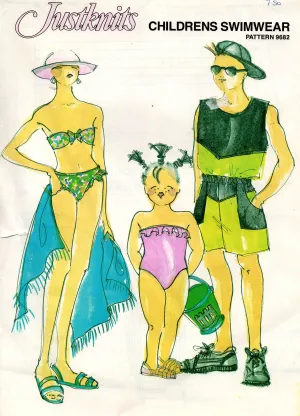 Justknits 9682 Boys or Girls Swimsuit Bikini Shorts & Top 1980s Vintage Sewing Pattern Sizes 2 - 12 UNCUT Factory Folded