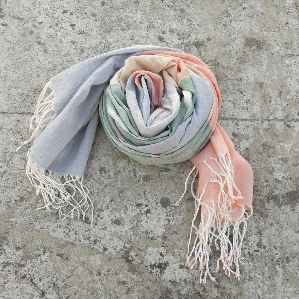 Kala Swaraj Mulmul Cotton Shawl - Green, Pink and Blue Bands