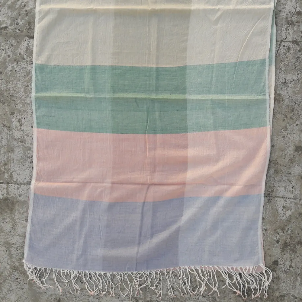 Kala Swaraj Mulmul Cotton Shawl - Green, Pink and Blue Bands