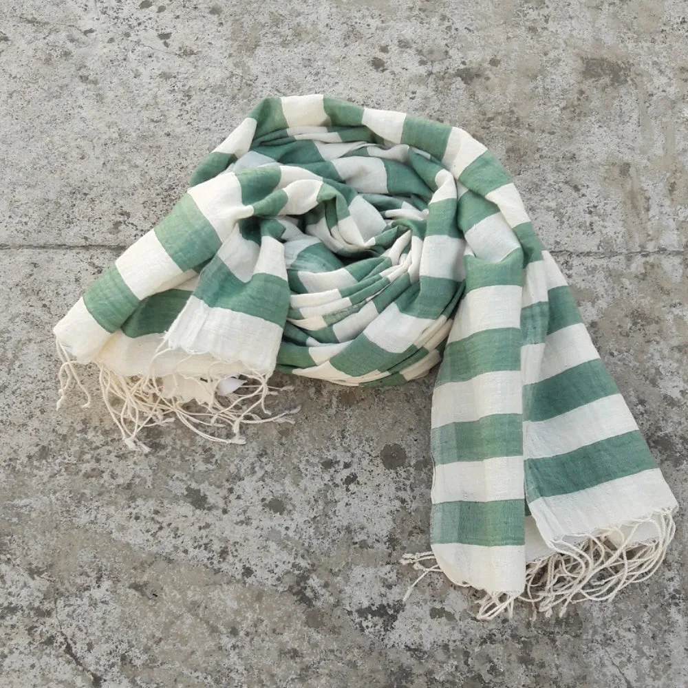 Kala Swaraj Mulmul Cotton Shawl - Green Weft Stripes