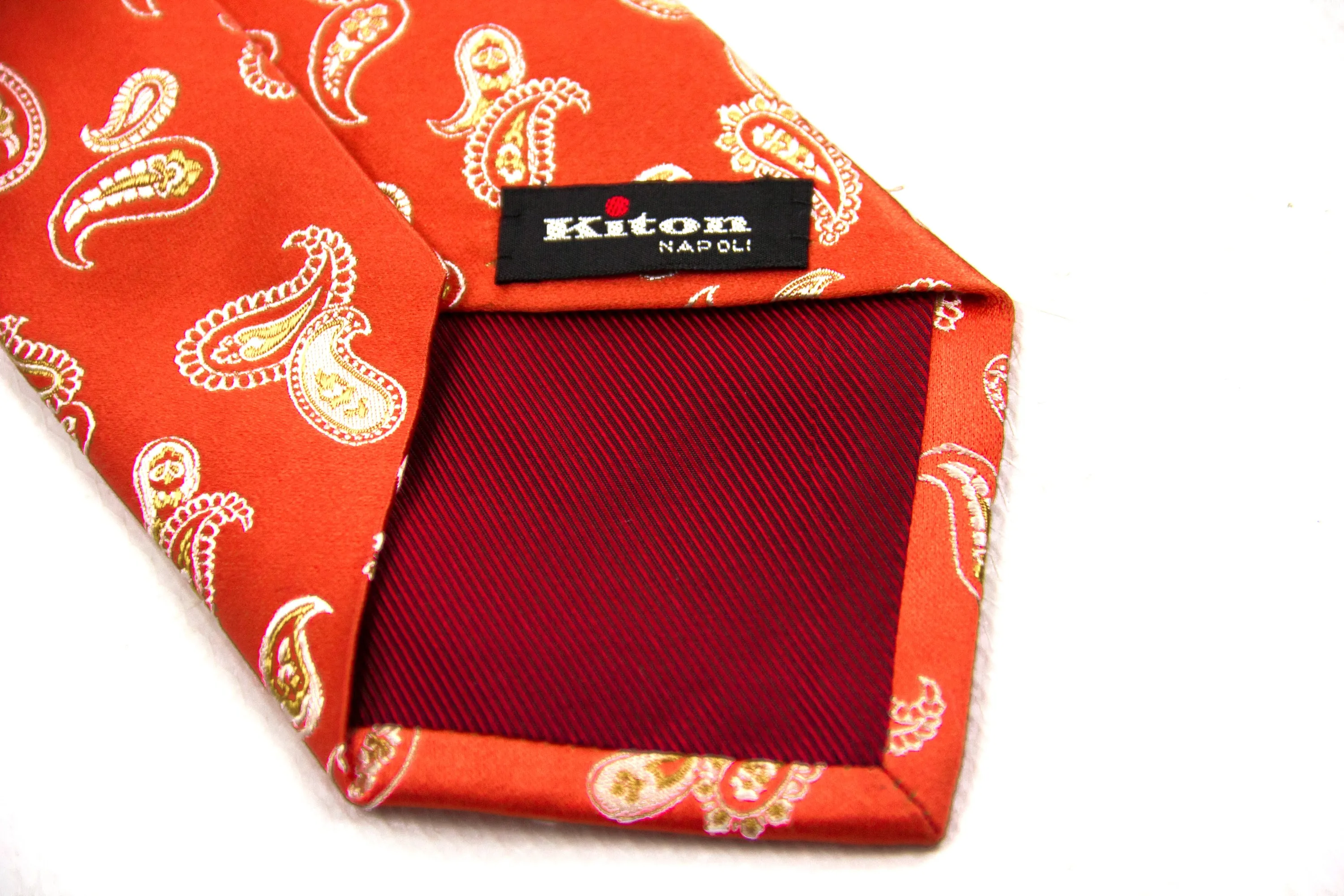 Kiton Napoli Coral Woven Silk Paisley Embroidered Tie
