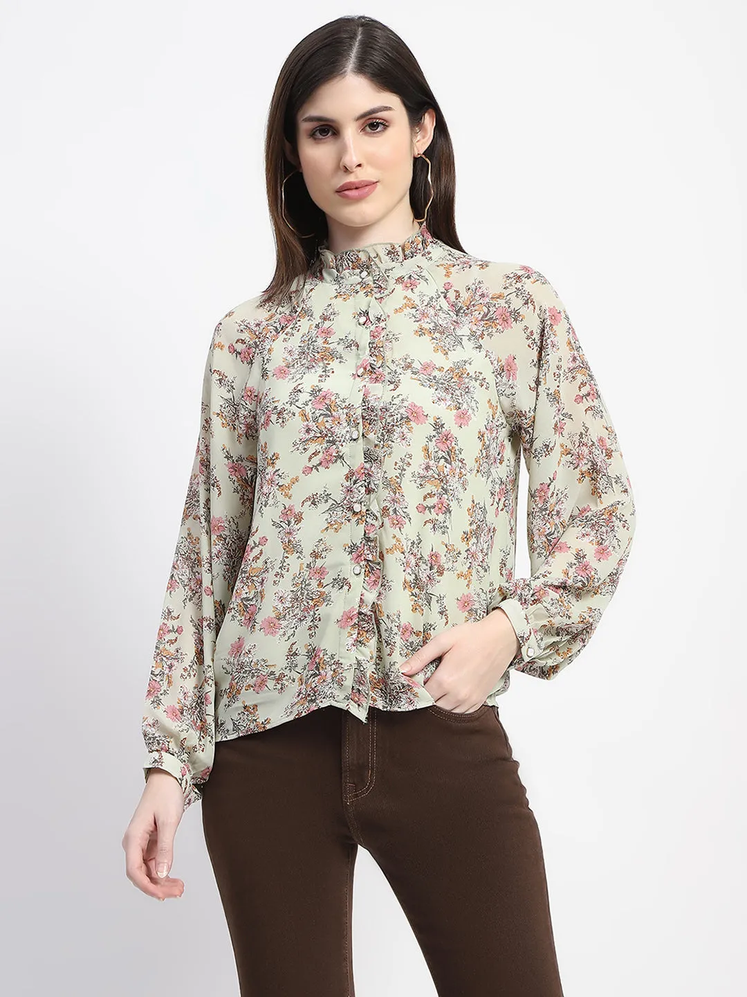Madame Floral Print Frill Neck Mint Green Top