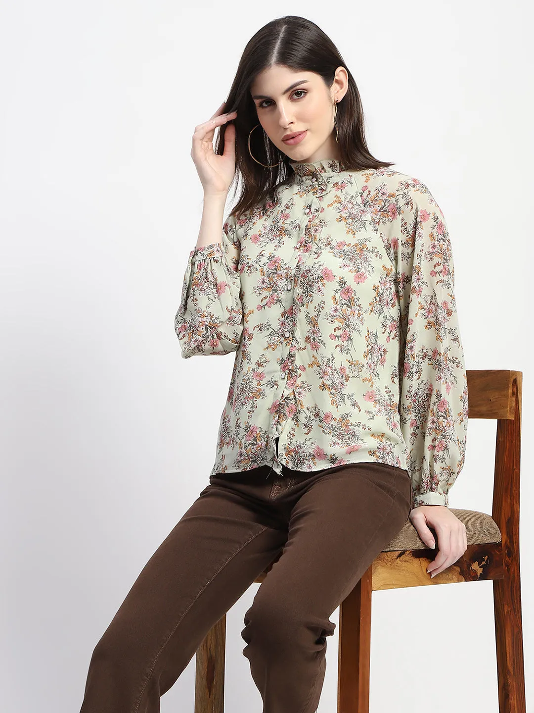 Madame Floral Print Frill Neck Mint Green Top
