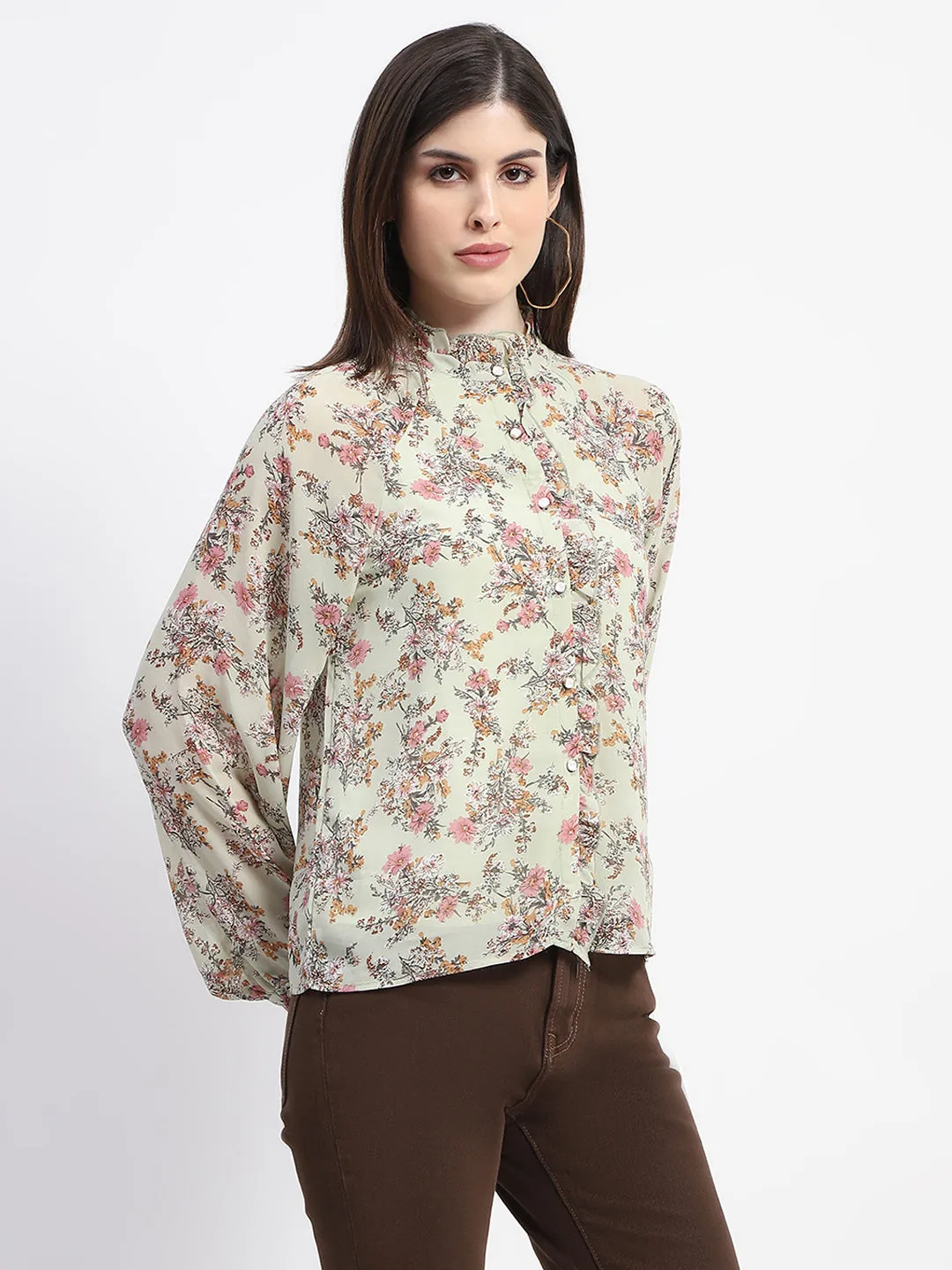 Madame Floral Print Frill Neck Mint Green Top