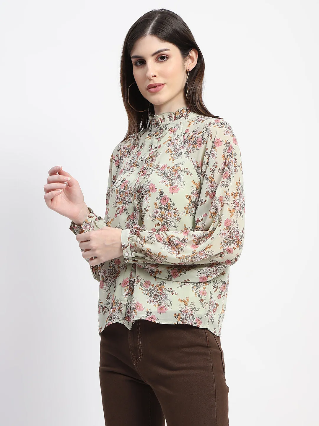 Madame Floral Print Frill Neck Mint Green Top