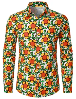 Men's Retro 70s Floral Print Cotton Button Long Sleeve Shirt