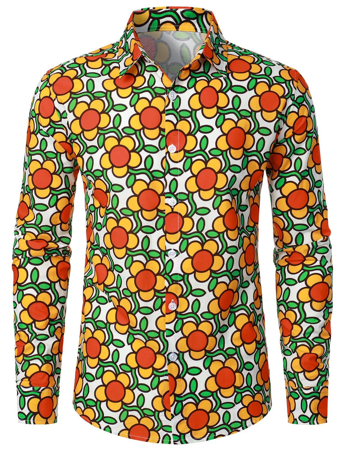 Men's Retro 70s Floral Print Cotton Button Long Sleeve Shirt
