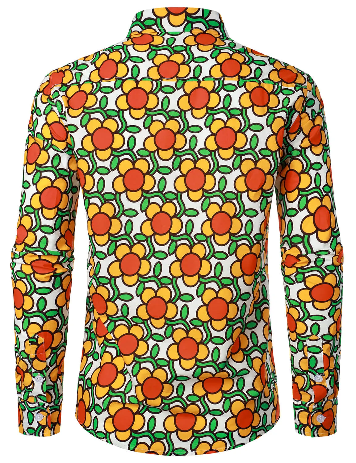 Men's Retro 70s Floral Print Cotton Button Long Sleeve Shirt