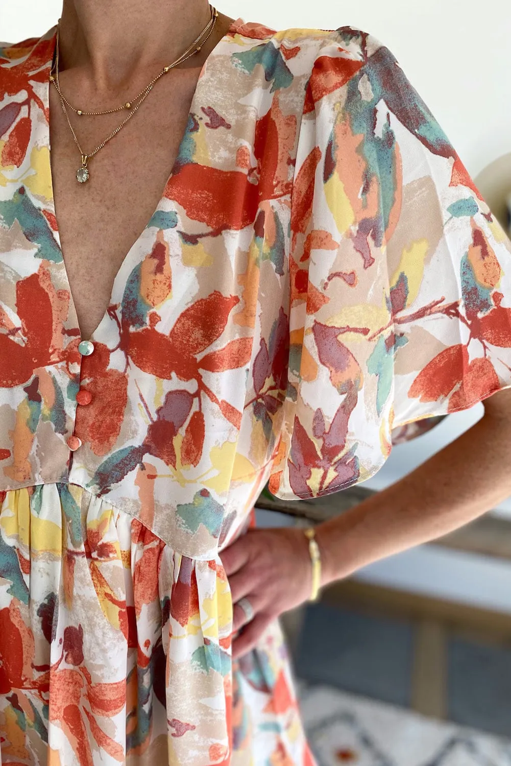 Multicolor Summer Floral Button V Neck Ruffle Flowy Dress