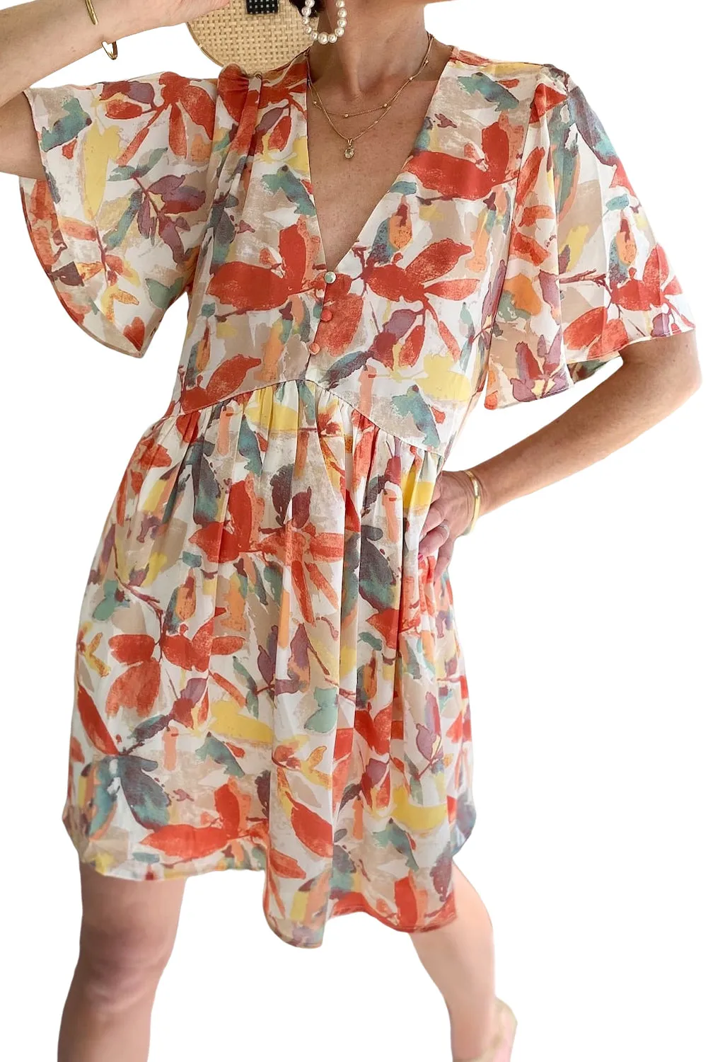 Multicolor Summer Floral Button V Neck Ruffle Flowy Dress