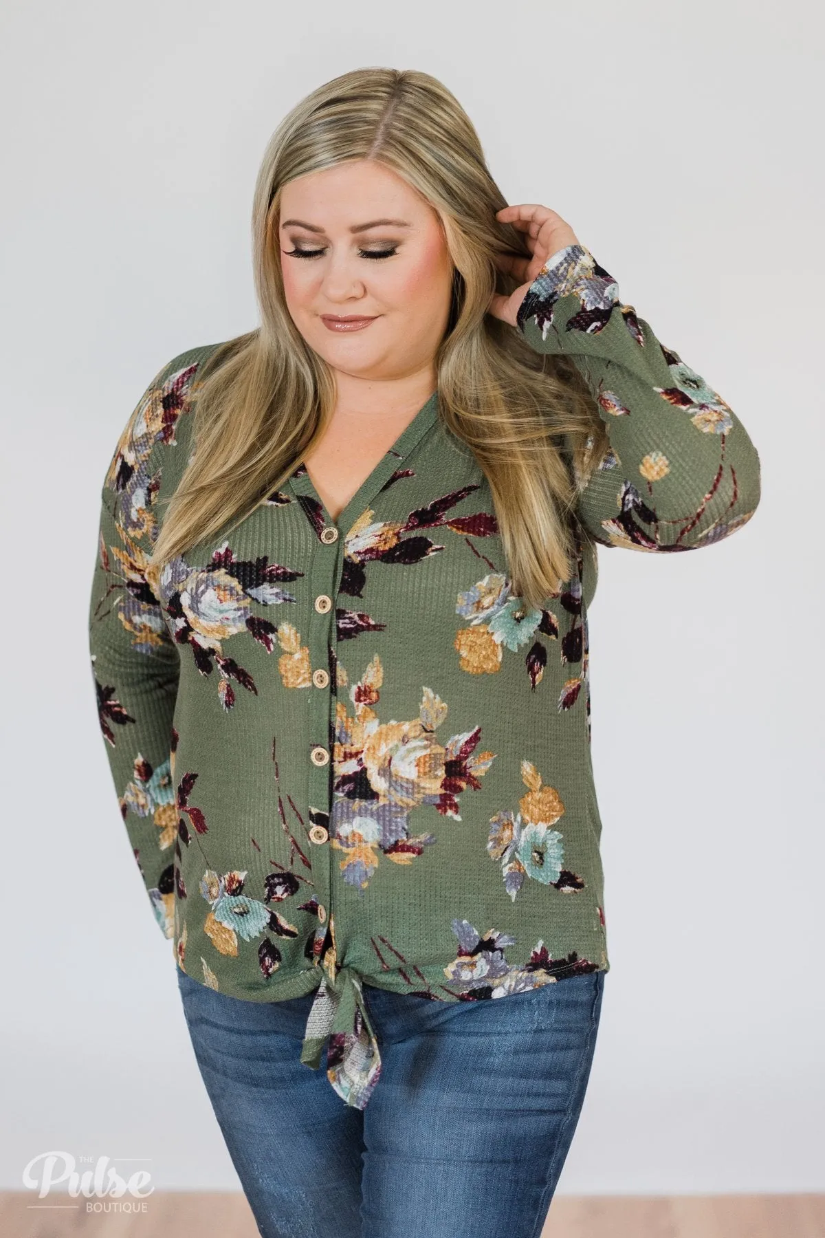 My Wish to You Floral Thermal Top- Dark Sage