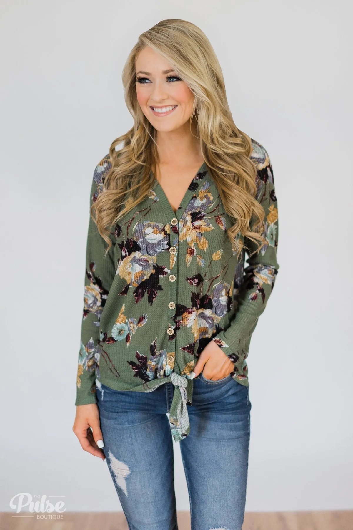 My Wish to You Floral Thermal Top- Dark Sage