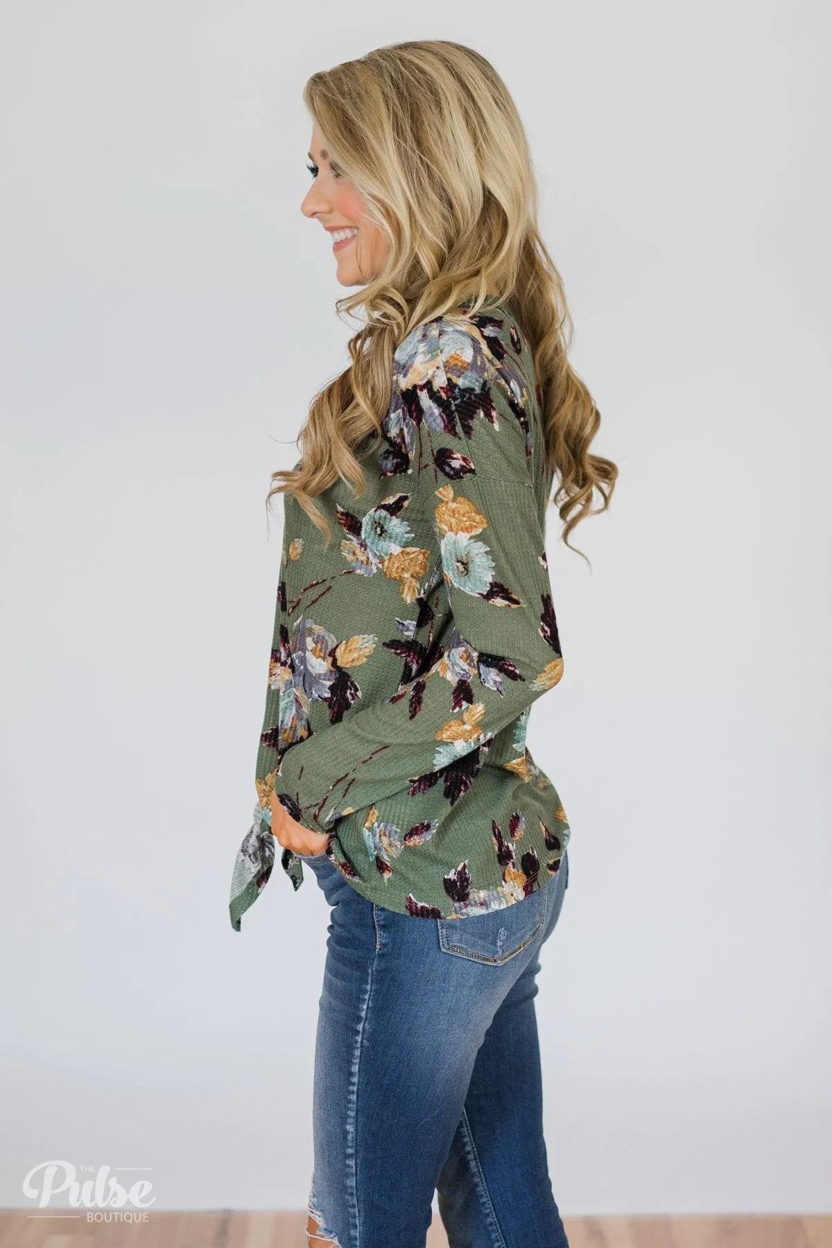 My Wish to You Floral Thermal Top- Dark Sage