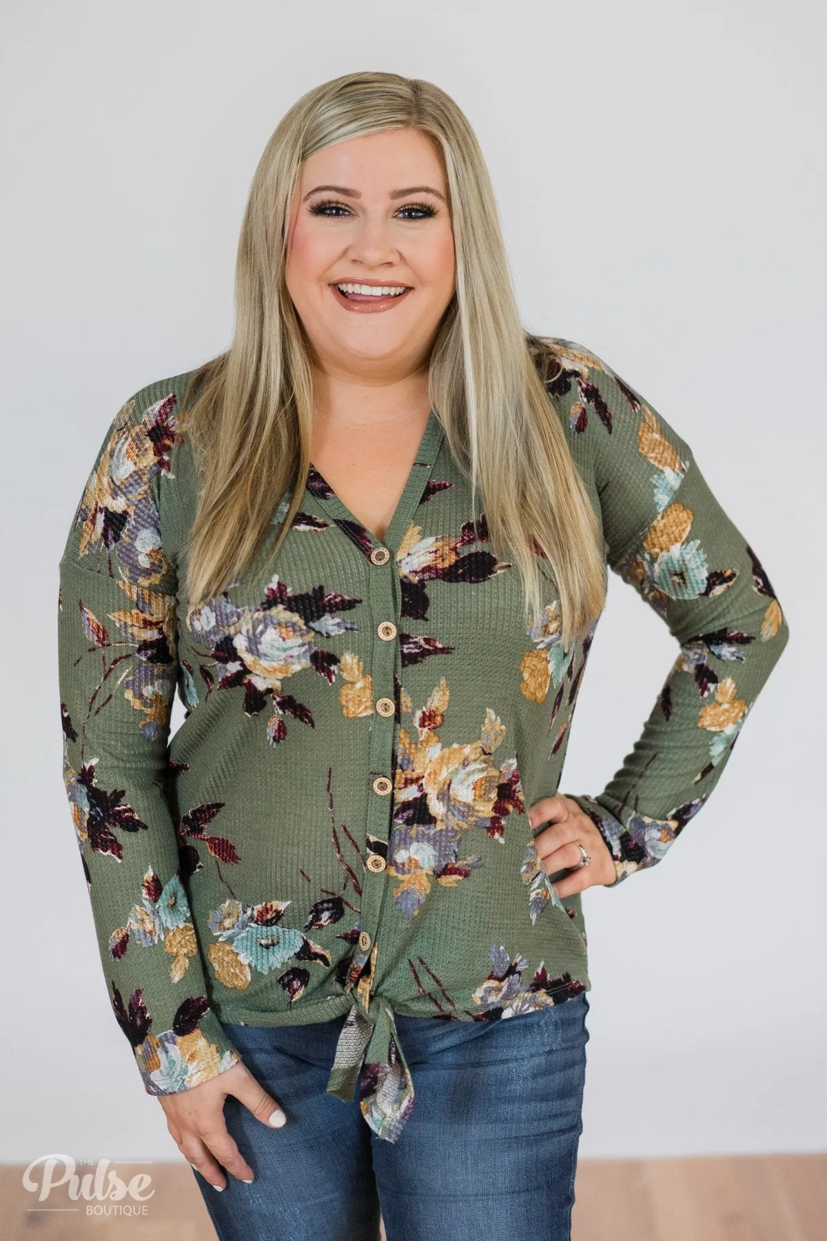 My Wish to You Floral Thermal Top- Dark Sage
