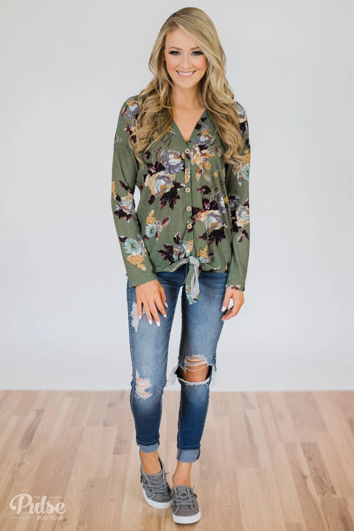 My Wish to You Floral Thermal Top- Dark Sage