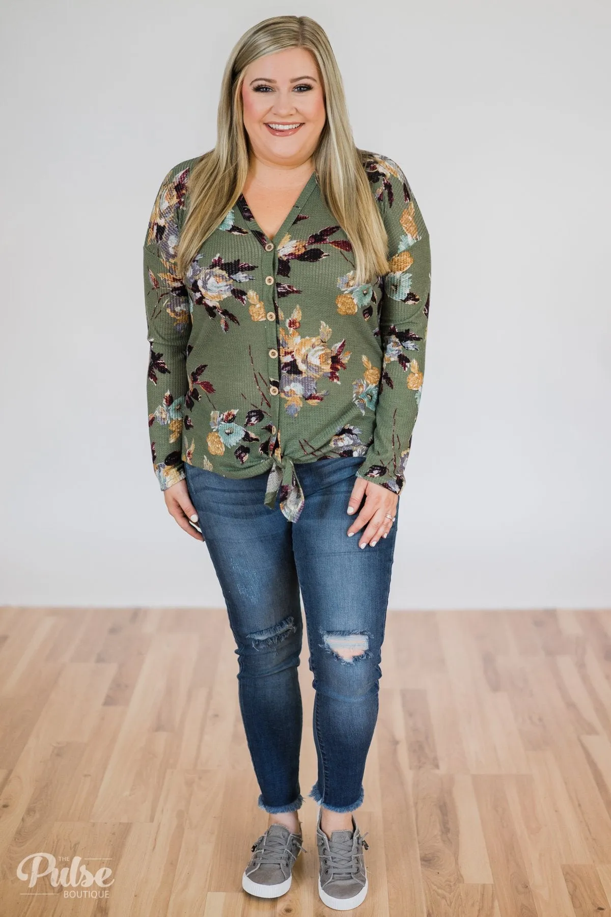 My Wish to You Floral Thermal Top- Dark Sage