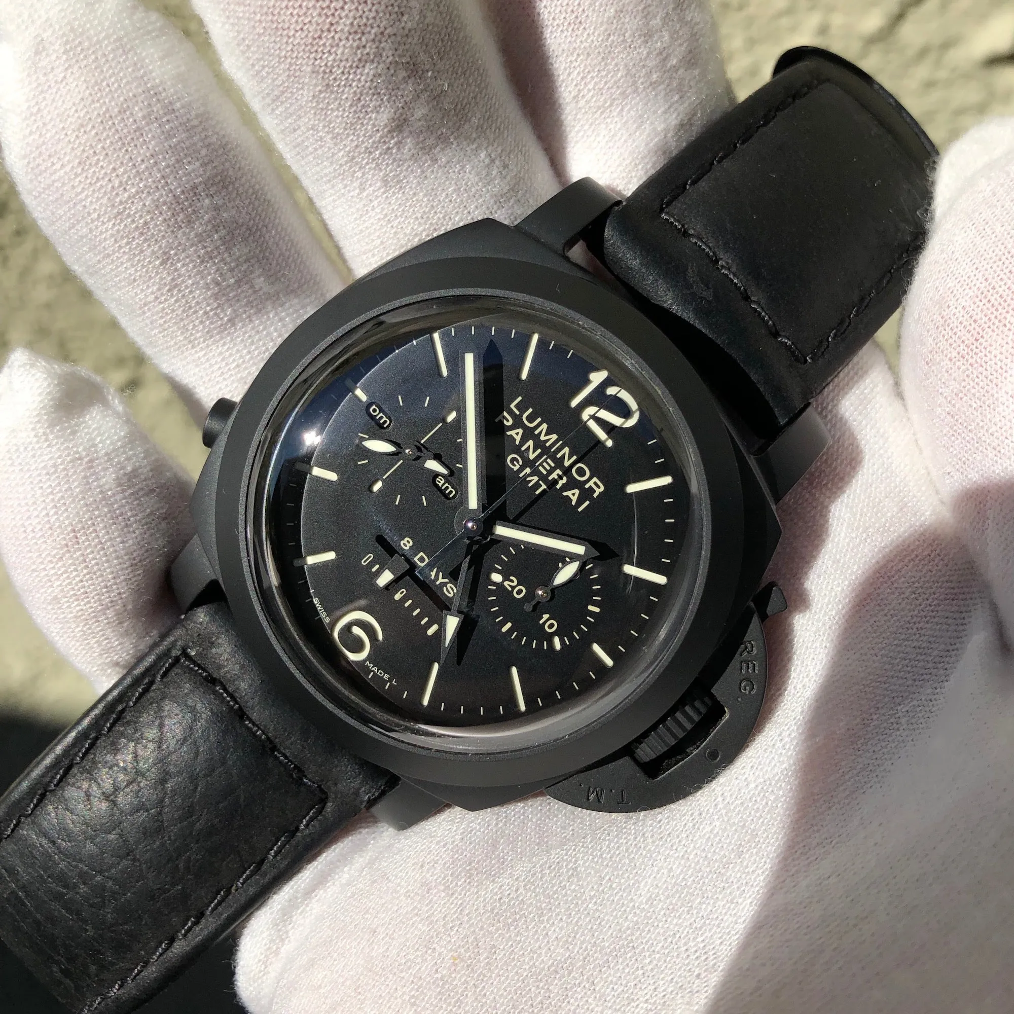 Panerai Luminor PAM 317 Monopulsante 1950 8 Days Chronograph GMT Wristwatch Box Papers