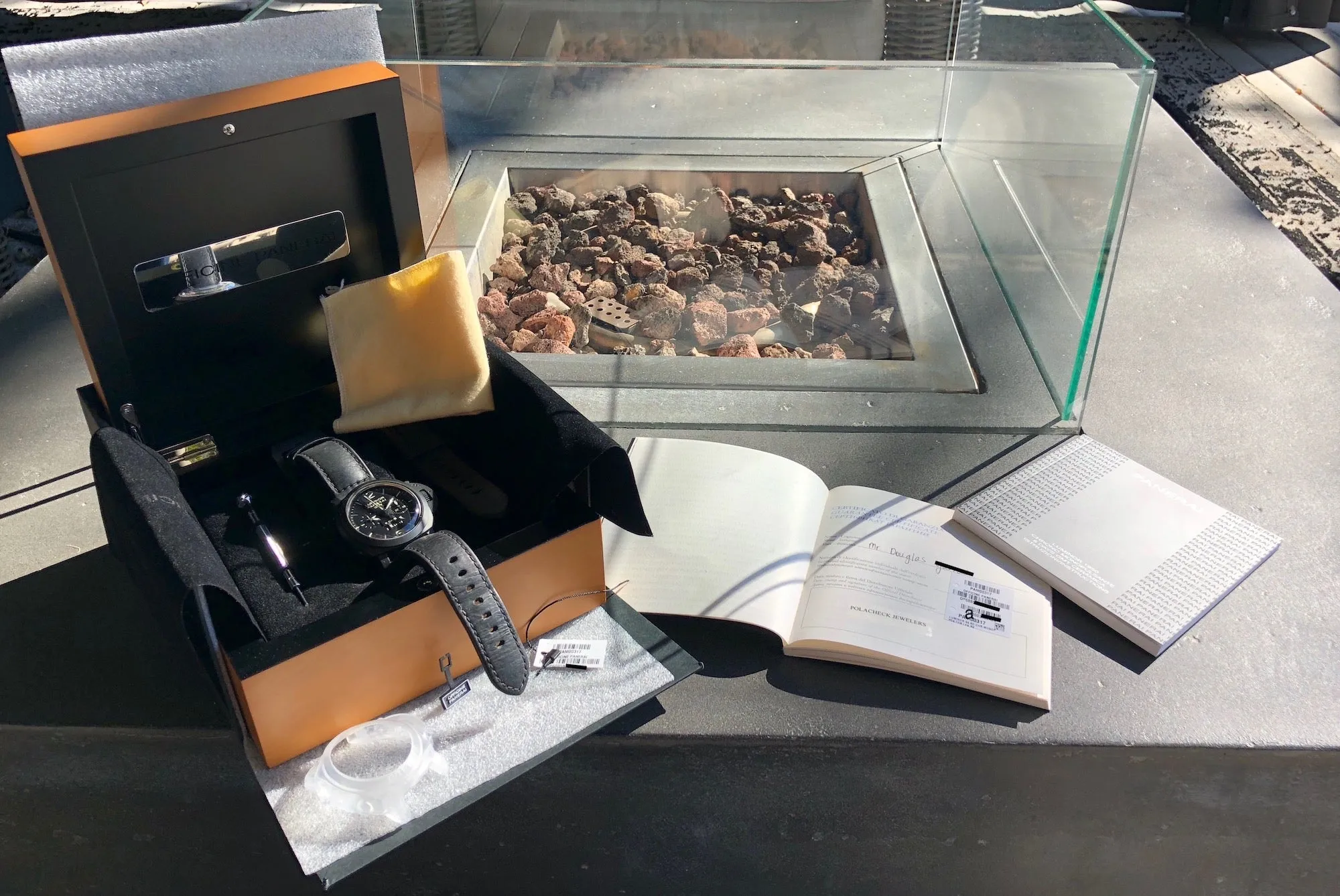 Panerai Luminor PAM 317 Monopulsante 1950 8 Days Chronograph GMT Wristwatch Box Papers