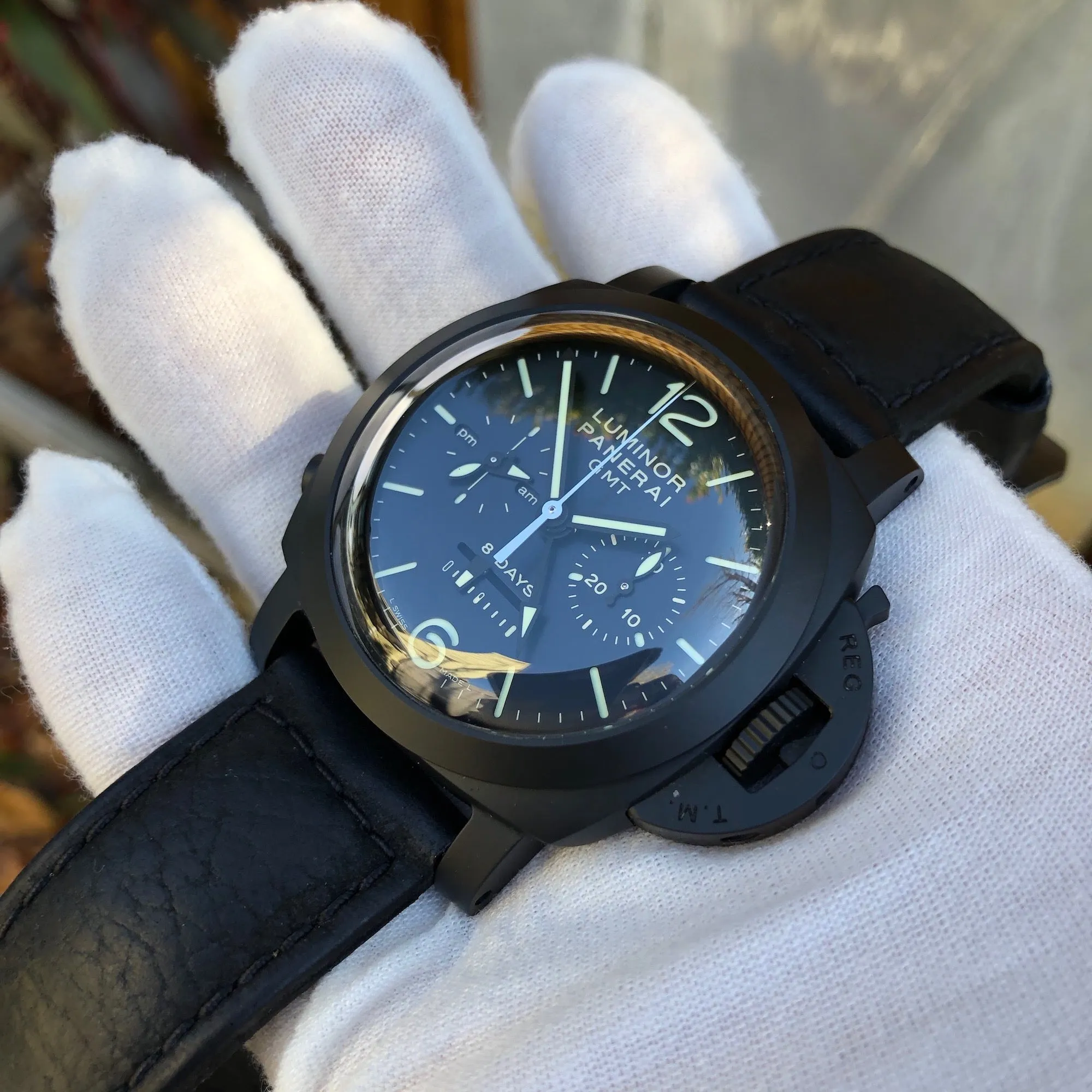 Panerai Luminor PAM 317 Monopulsante 1950 8 Days Chronograph GMT Wristwatch Box Papers
