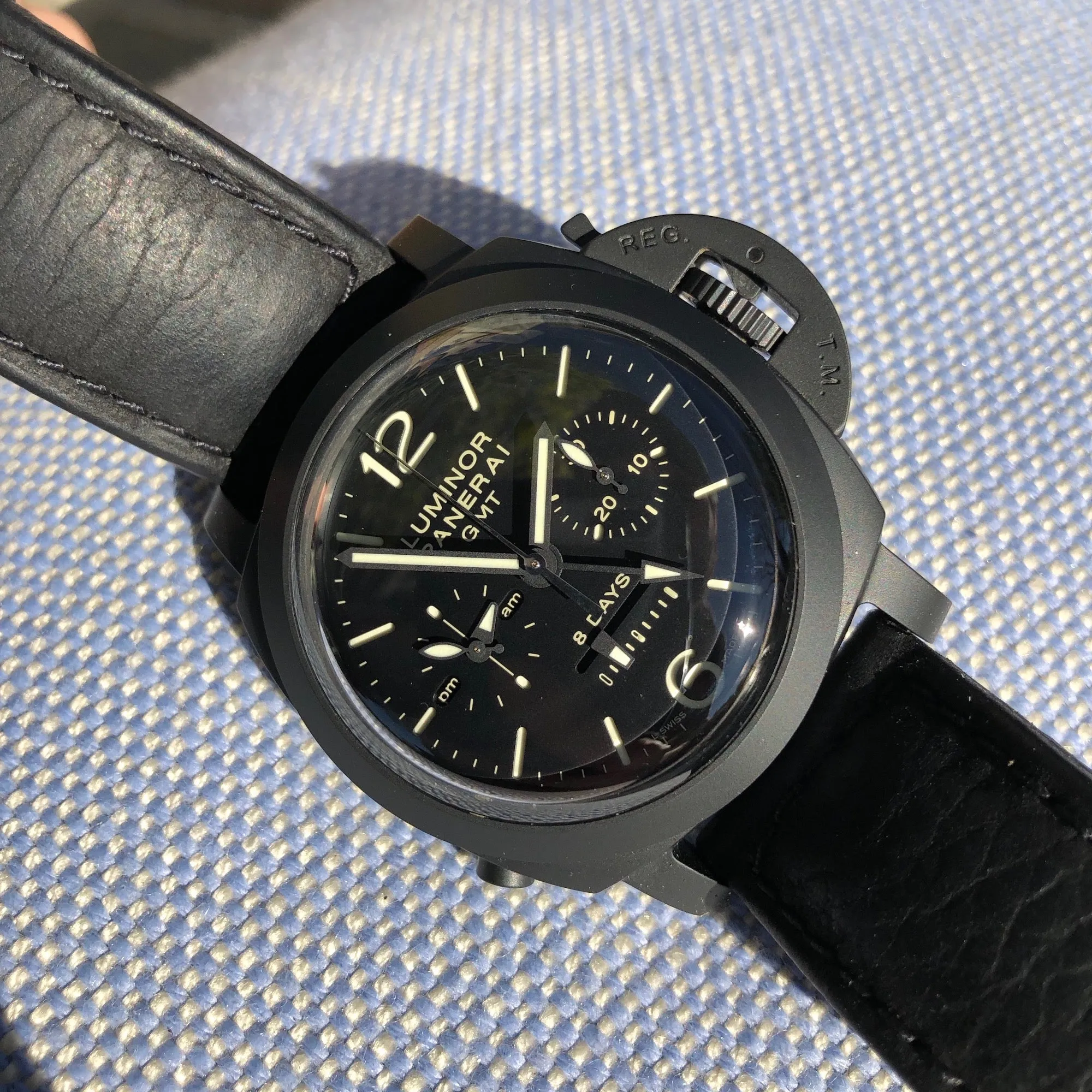 Panerai Luminor PAM 317 Monopulsante 1950 8 Days Chronograph GMT Wristwatch Box Papers