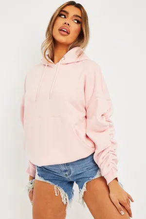 Pink Ruched Sleeve Oversized Hoodie - Dezi