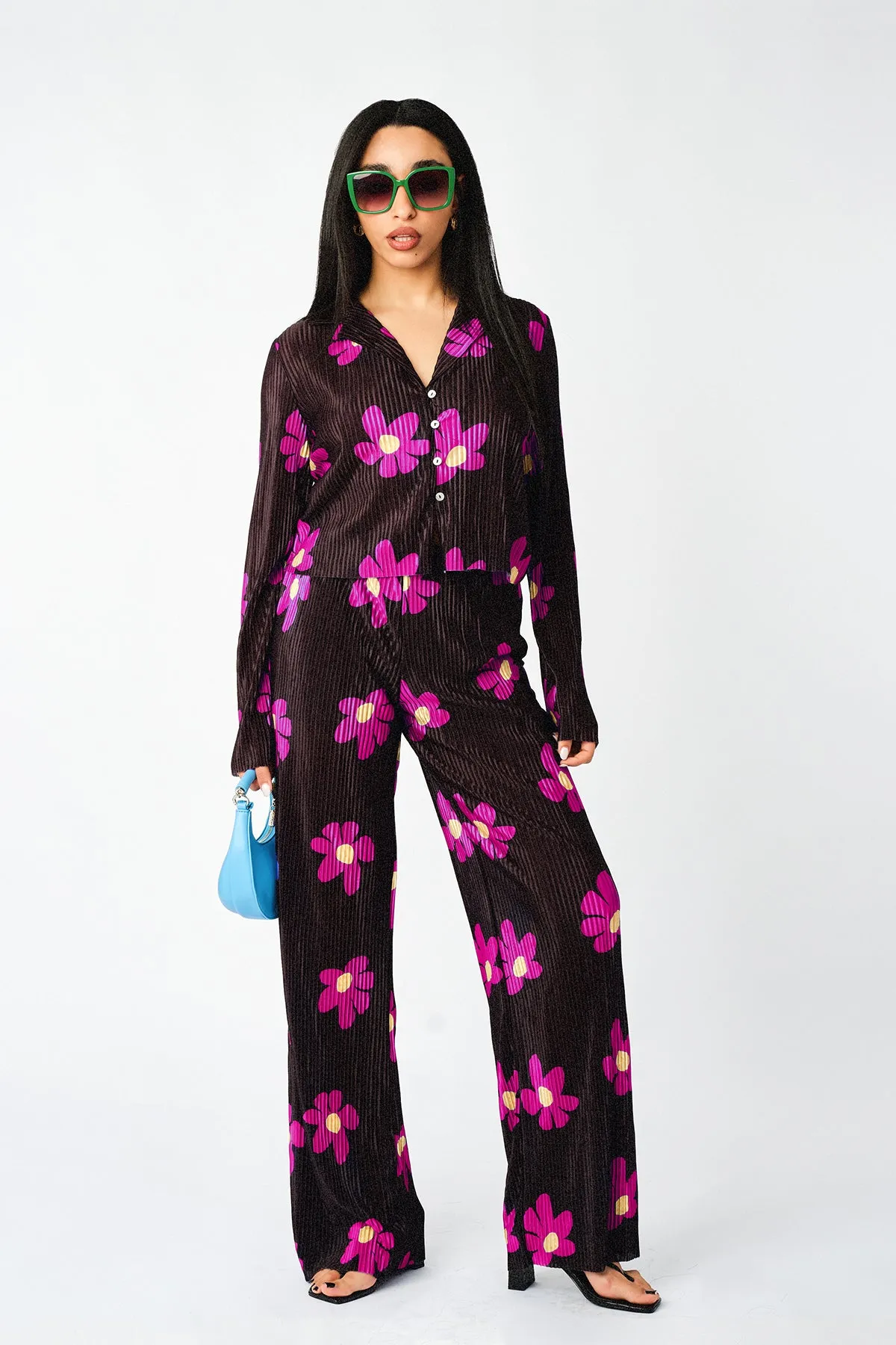 Plisse Solid Pleat Floral Print Open Collar Shirt