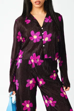 Plisse Solid Pleat Floral Print Open Collar Shirt