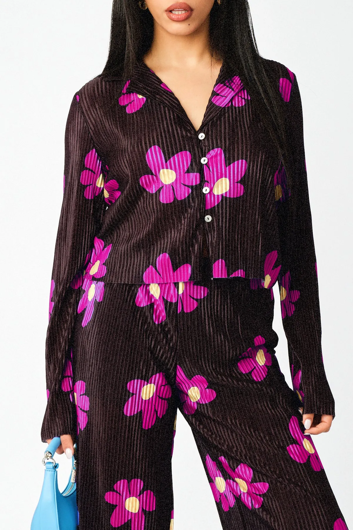 Plisse Solid Pleat Floral Print Open Collar Shirt