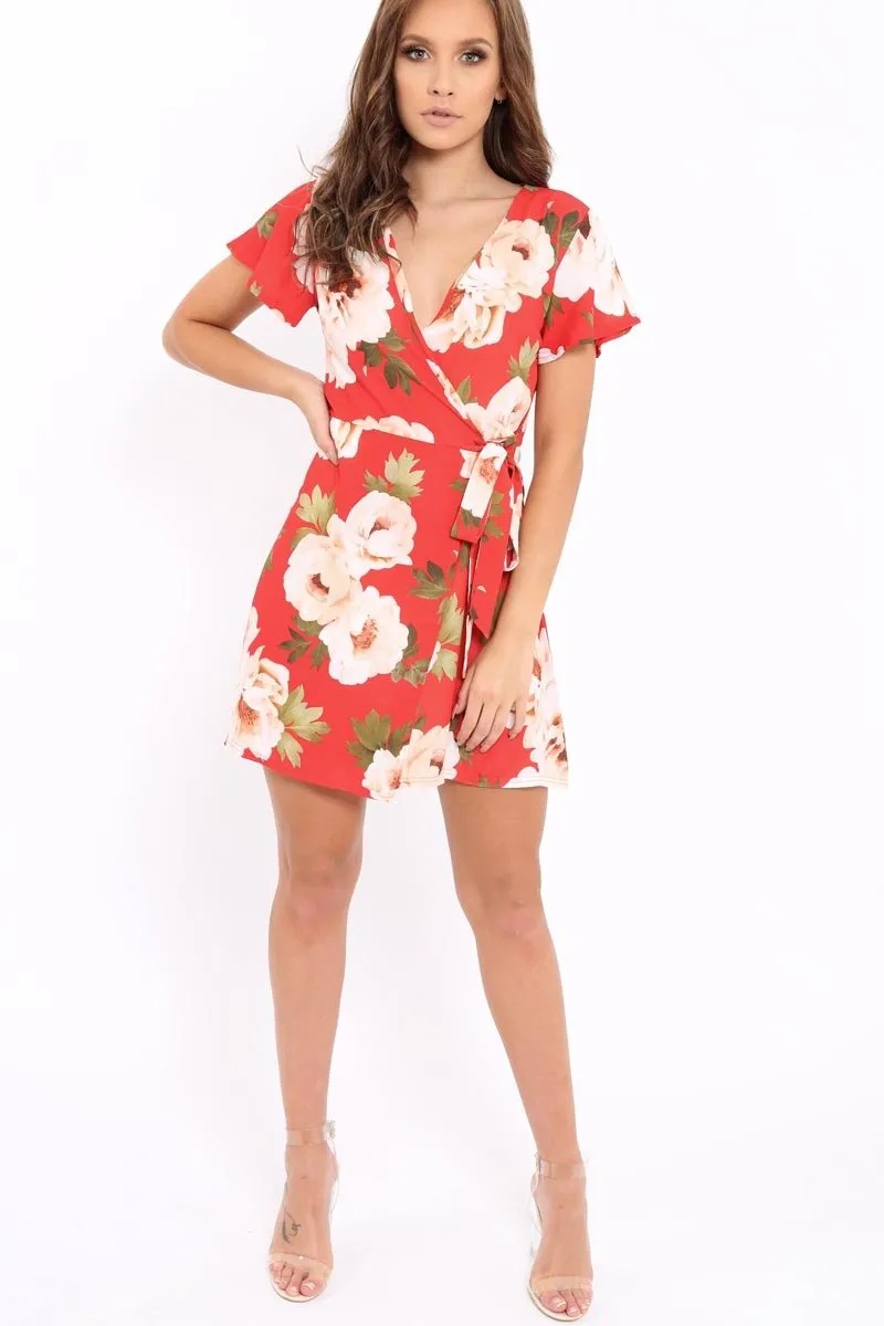 Red Floral Print Wrap Dress - Norie