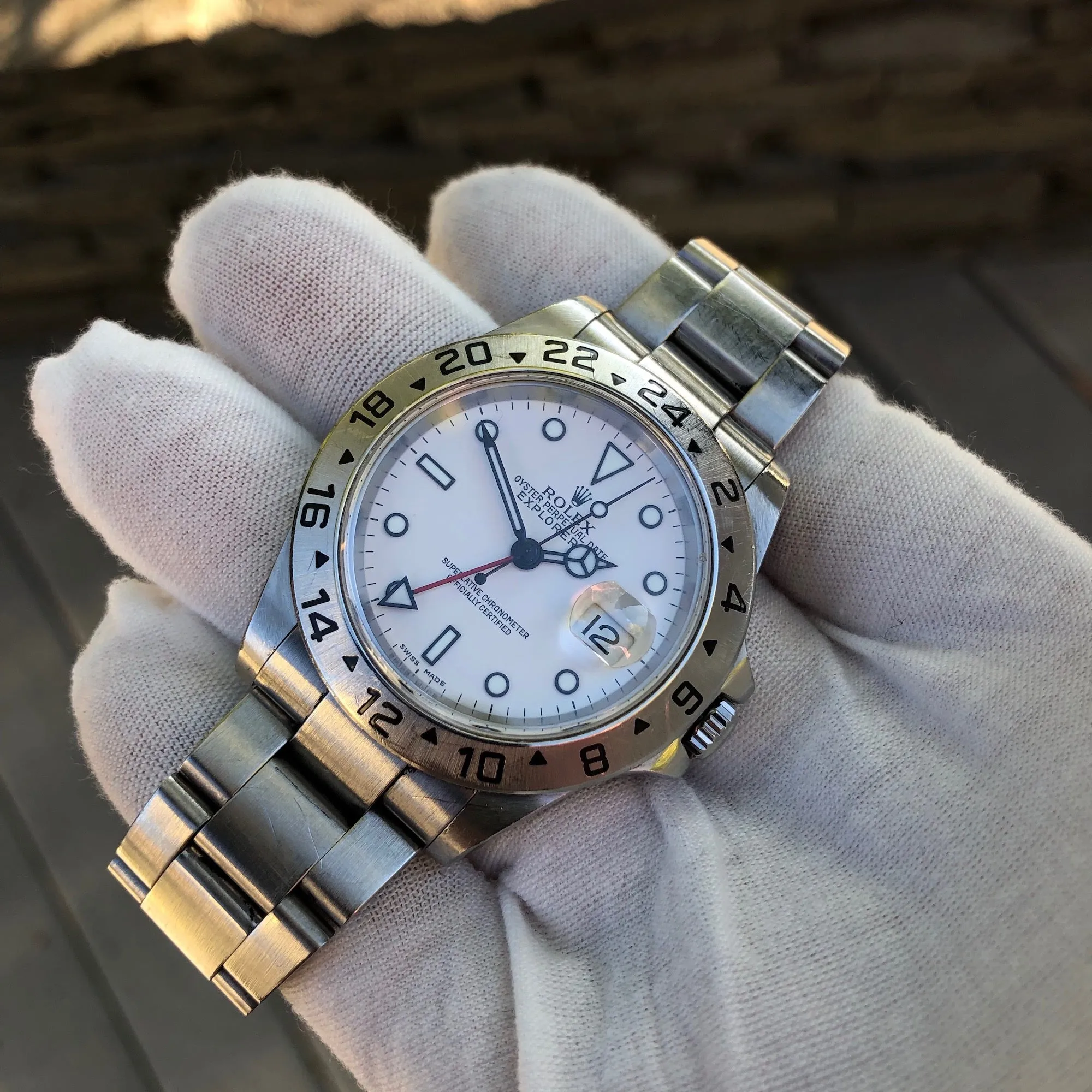 Rolex Explorer II 16570 White Stainless Steel GMT Oyster D Serial Wristwatch Circa 2005