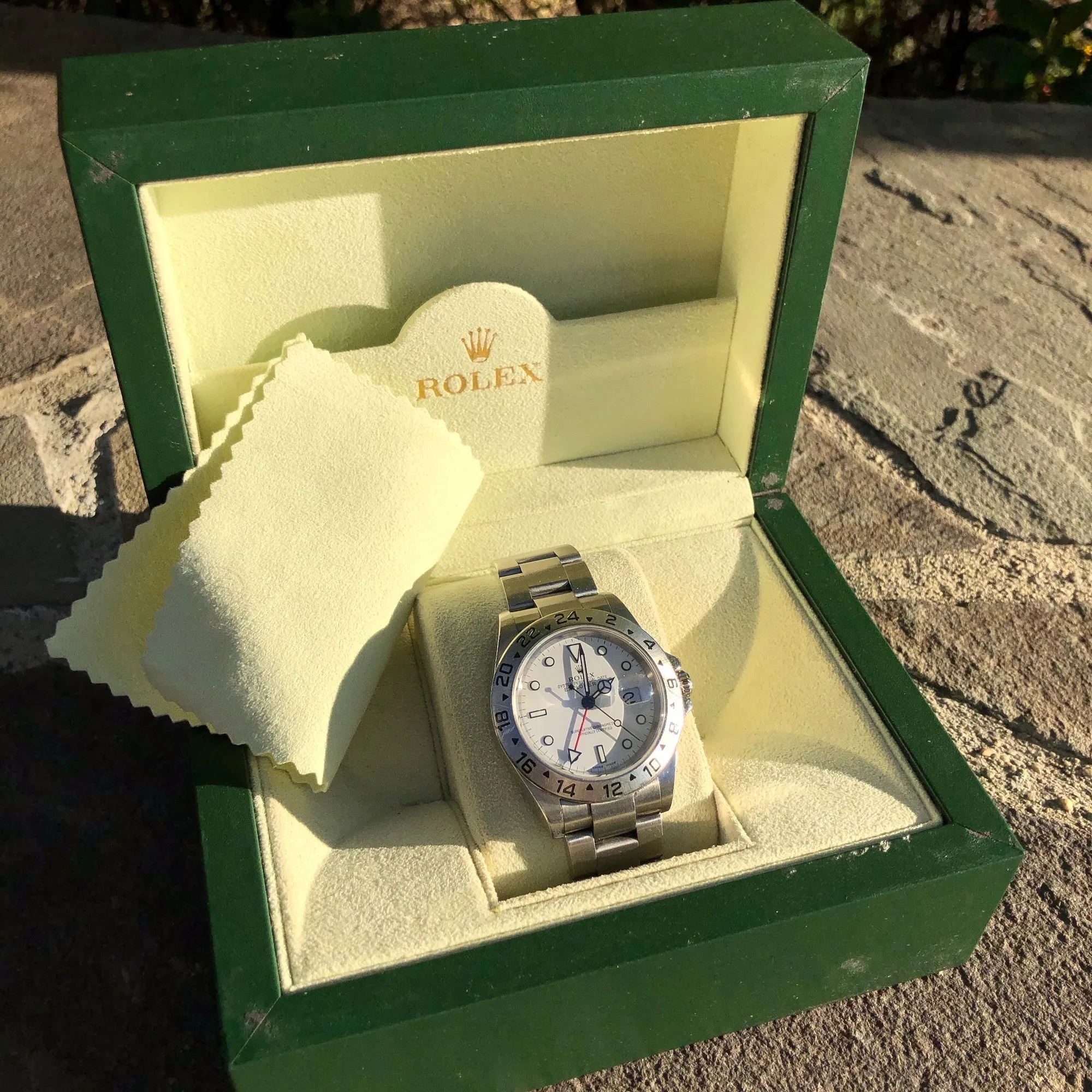 Rolex Explorer II 16570 White Stainless Steel GMT Oyster D Serial Wristwatch Circa 2005