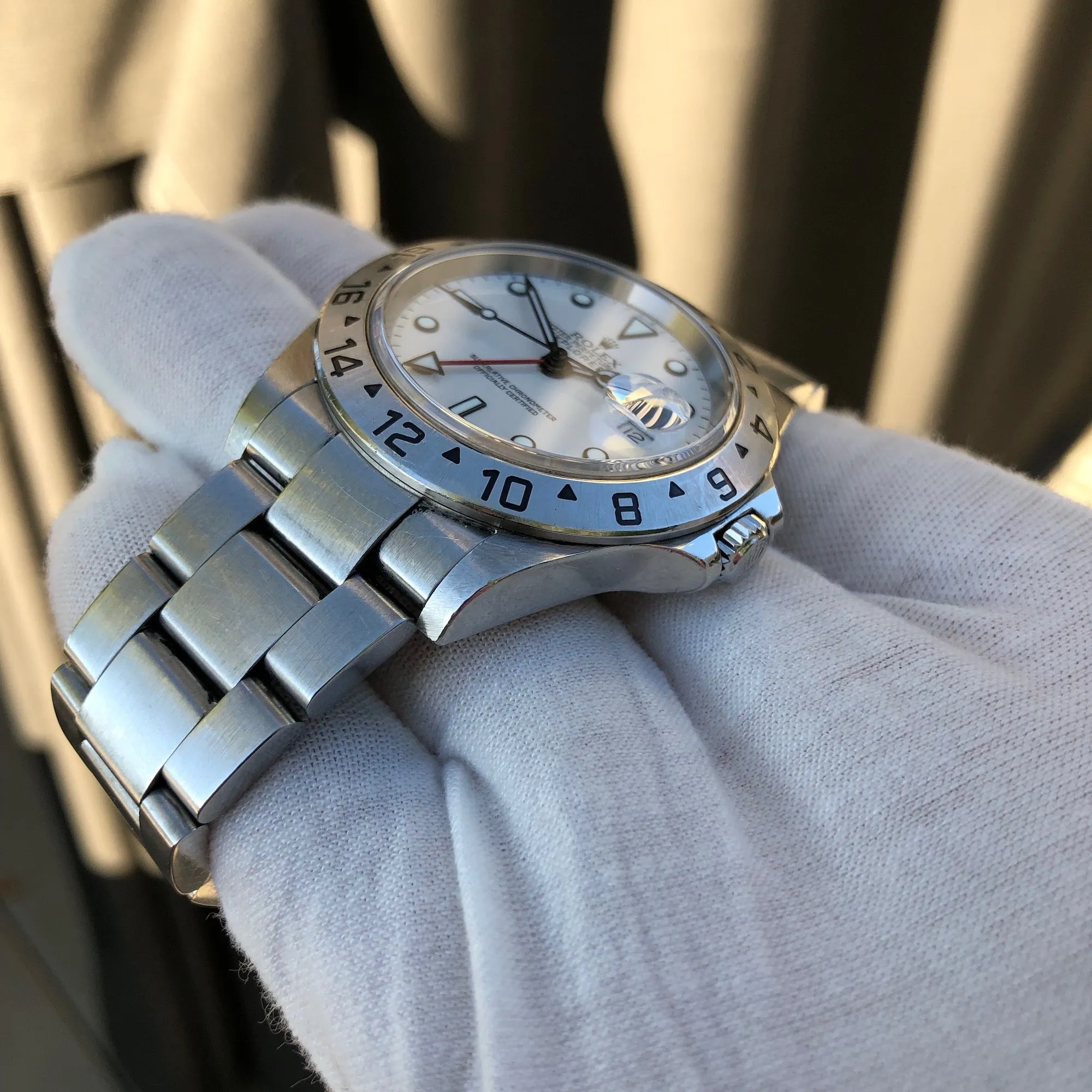 Rolex Explorer II 16570 White Stainless Steel GMT Oyster D Serial Wristwatch Circa 2005